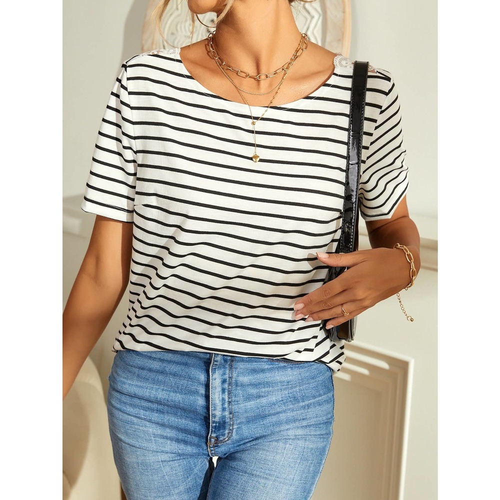Striped Print Embroidery Lace Tie Back Tee preppy black white - Picture 5 of 5